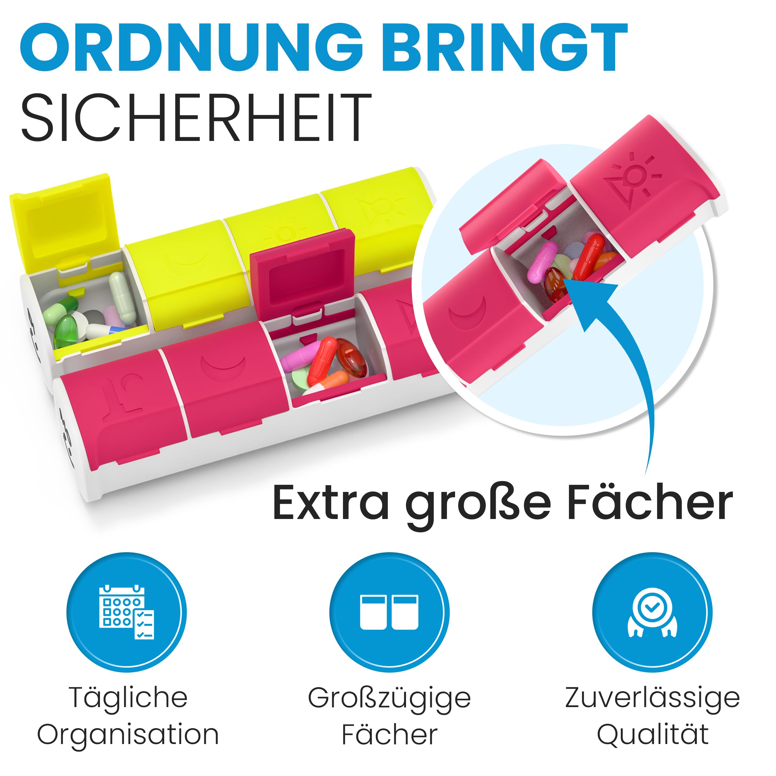 Pillendose 7 Tage Tablettenbox 4 Fächer - Magnetisch-kompakt für unterwegs.