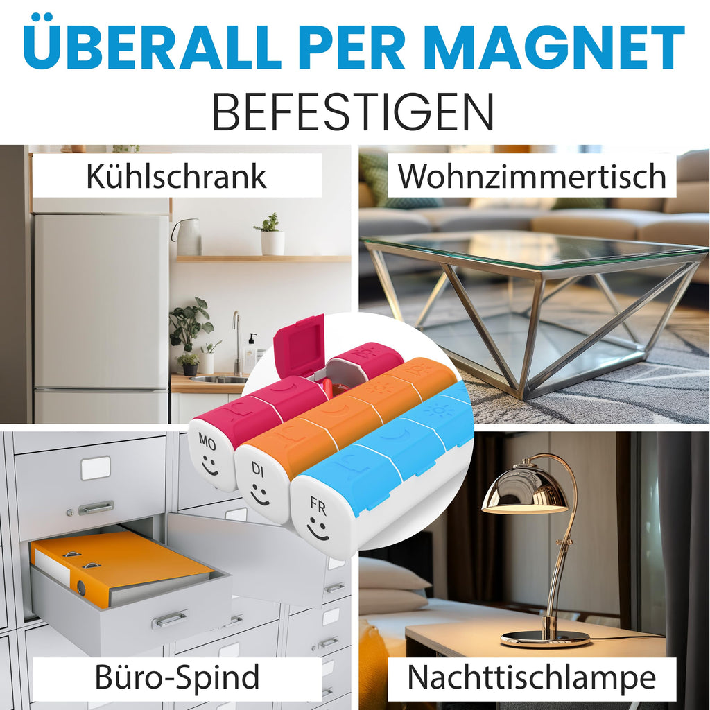 Pillendose 7 Tage Tablettenbox 4 Fächer - Magnetisch-kompakt für unterwegs.