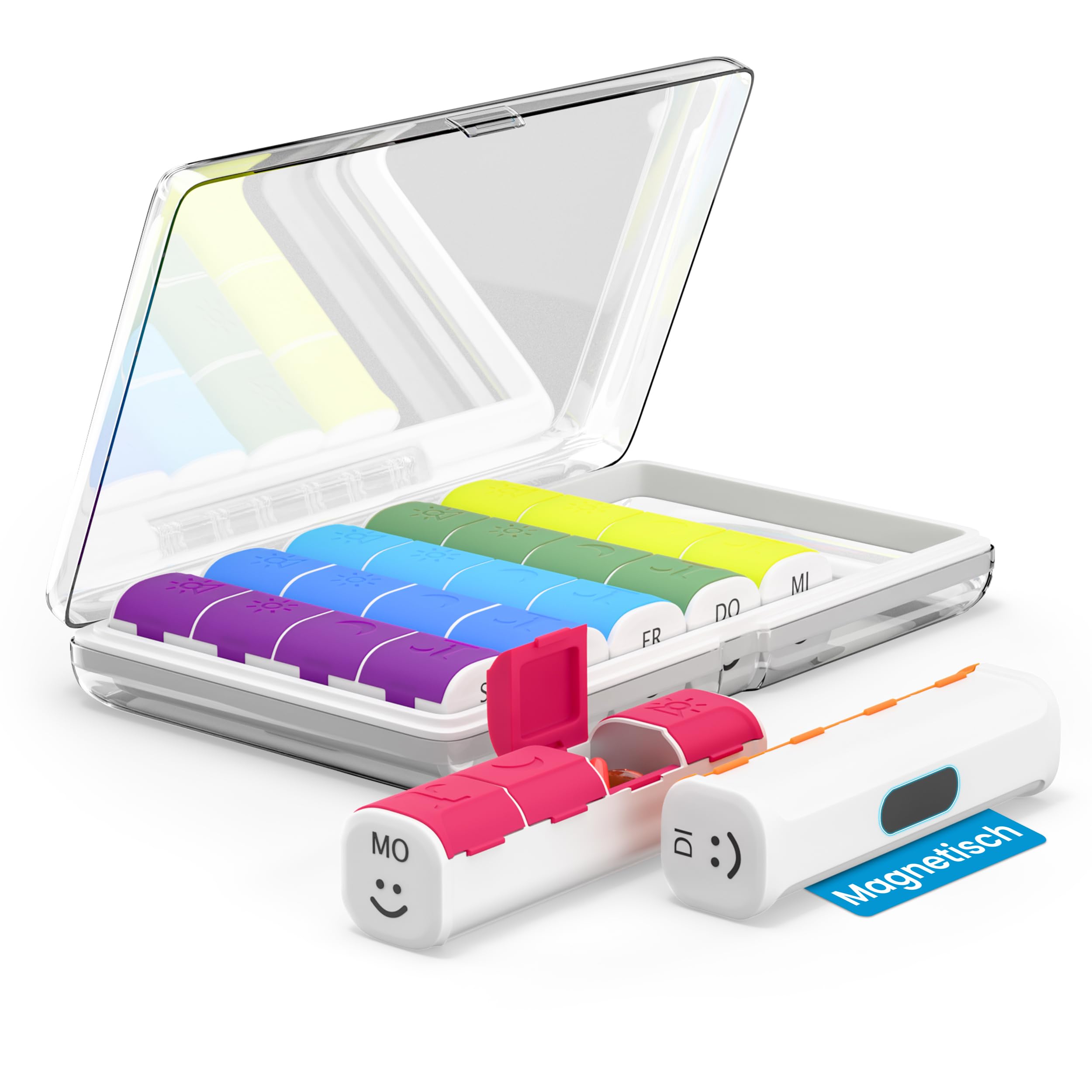 Pillendose 7 Tage Tablettenbox 4 Fächer - Magnetisch-kompakt für unterwegs.