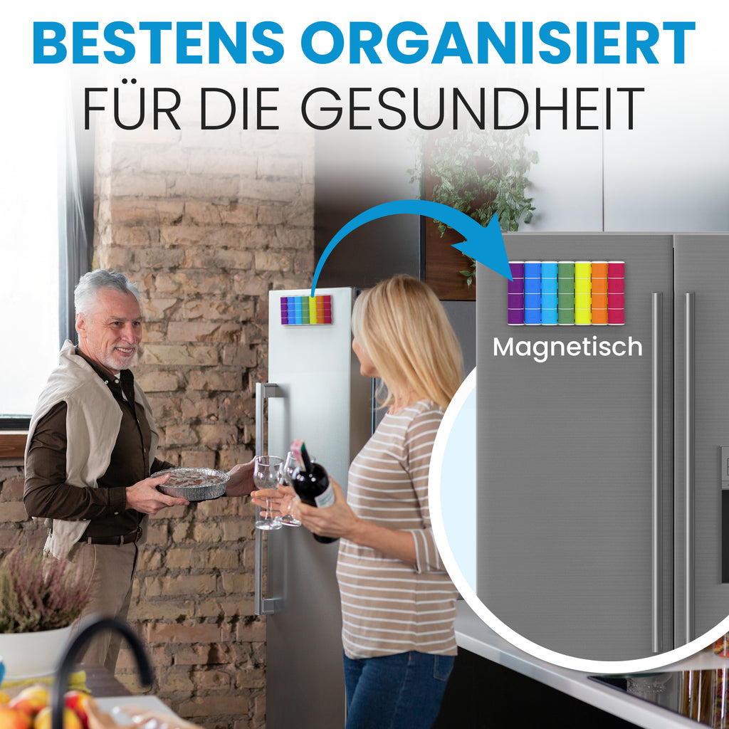 Pillendose 7 Tage Tablettenbox 4 Fächer - Magnetisch-kompakt für unterwegs.